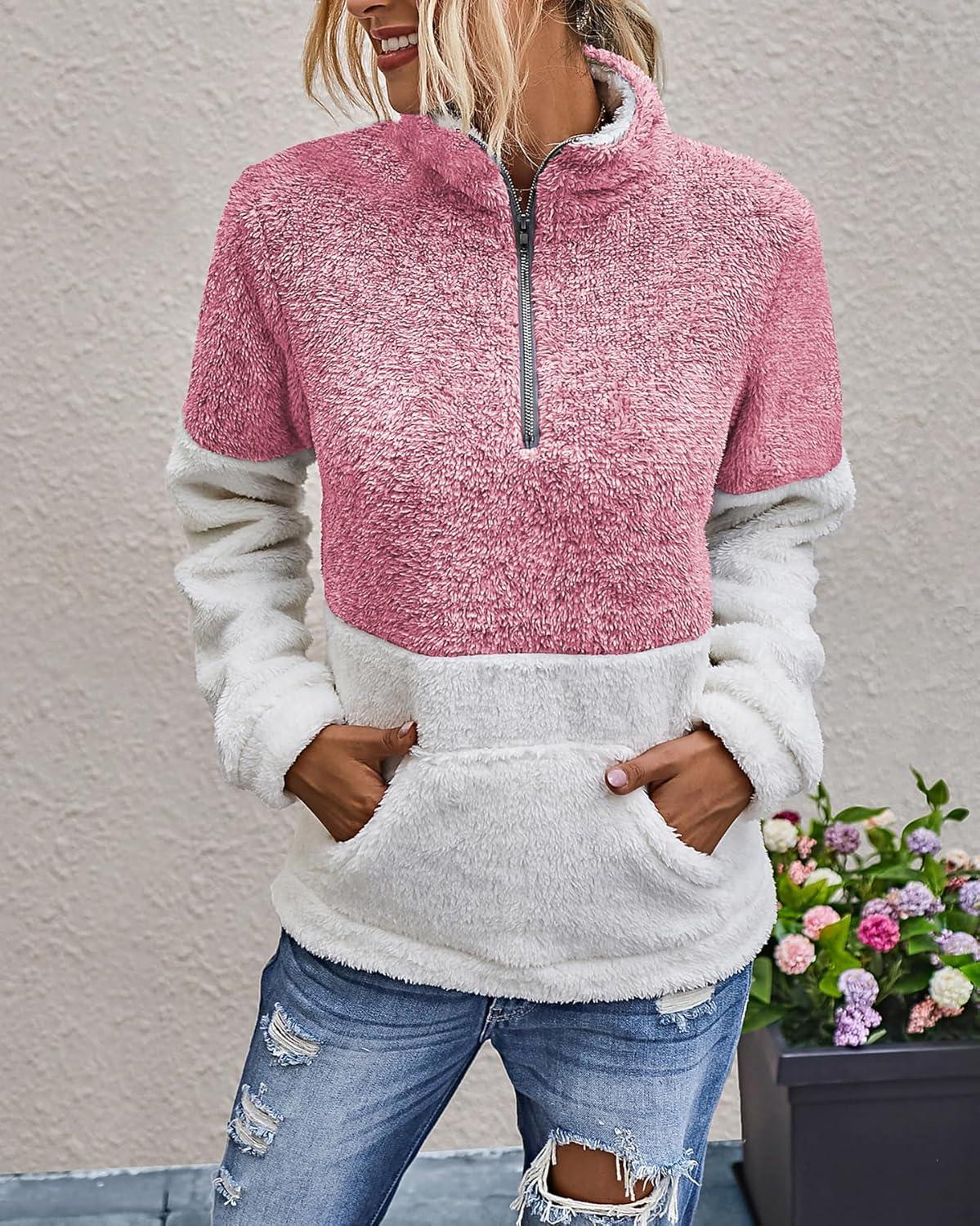 imageBTFBM Womens Sweatshirt Sherpa Quarter Zip Pullover Fall Winter 2025 Long Sleeve Fleece Sweaters Hoodies SweatshirtsRed