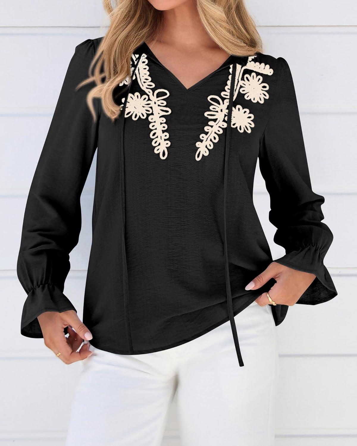 imageBTFBM Womens Tops Dressy Casual Fall 2025 Boho V Neck Ruffle Long Sleeve Shirts Floral Embroidered Work Business BlousesBlack