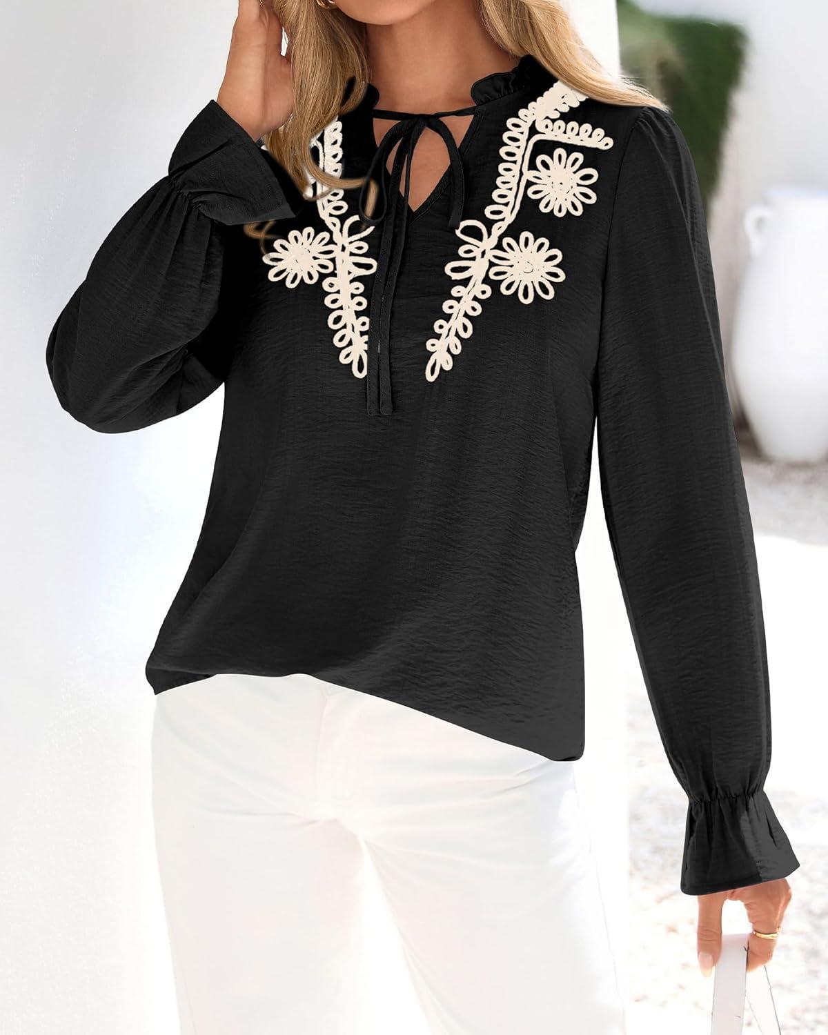 imageBTFBM Womens Tops Dressy Casual Fall 2025 Boho V Neck Ruffle Long Sleeve Shirts Floral Embroidered Work Business BlousesBlack