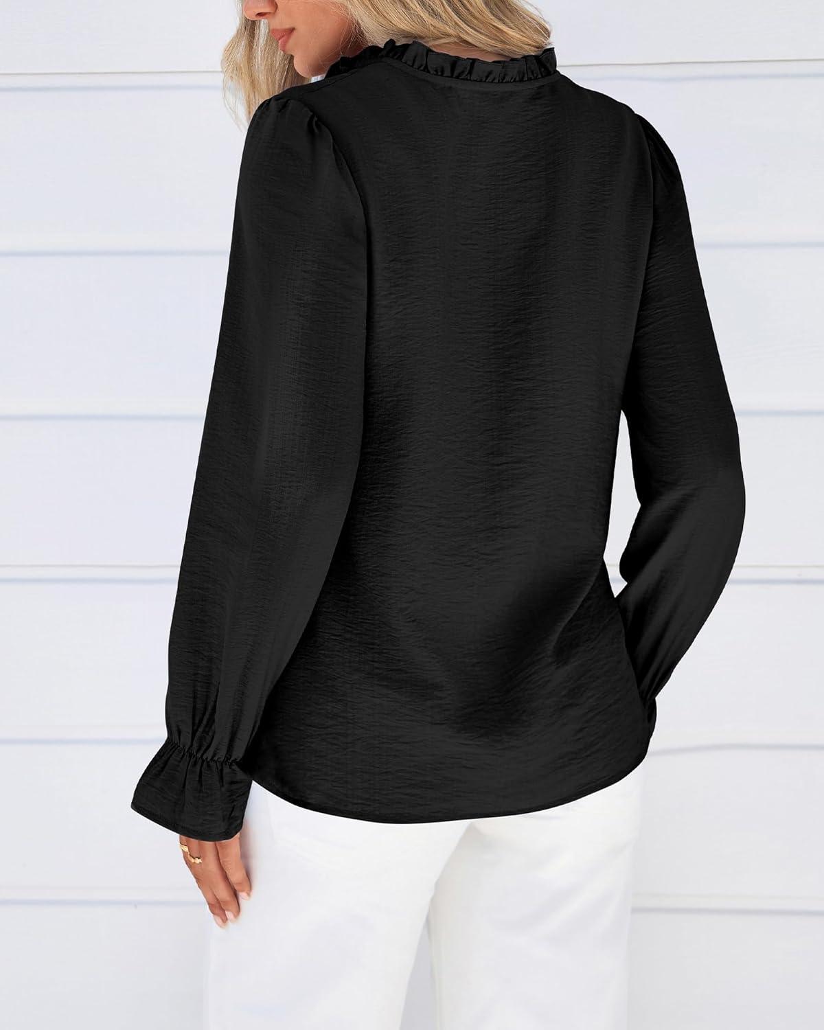 imageBTFBM Womens Tops Dressy Casual Fall 2025 Boho V Neck Ruffle Long Sleeve Shirts Floral Embroidered Work Business BlousesBlack