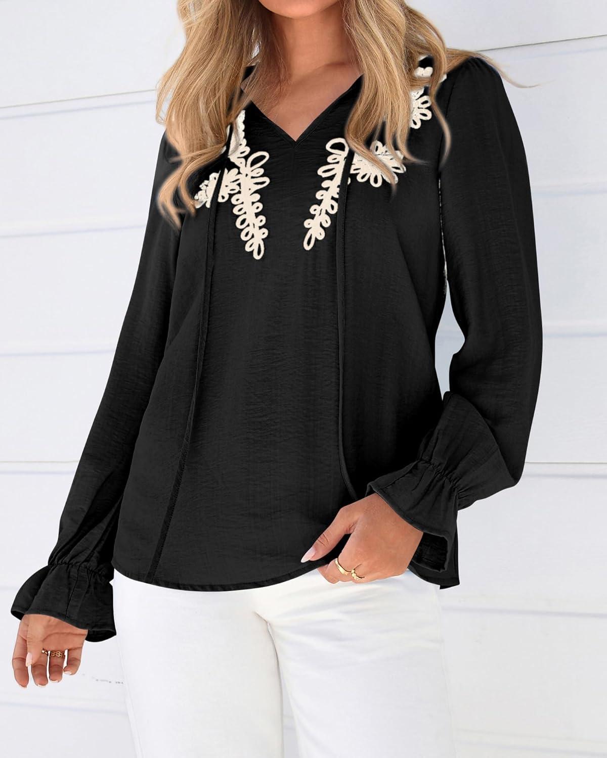 imageBTFBM Womens Tops Dressy Casual Fall 2025 Boho V Neck Ruffle Long Sleeve Shirts Floral Embroidered Work Business BlousesBlack