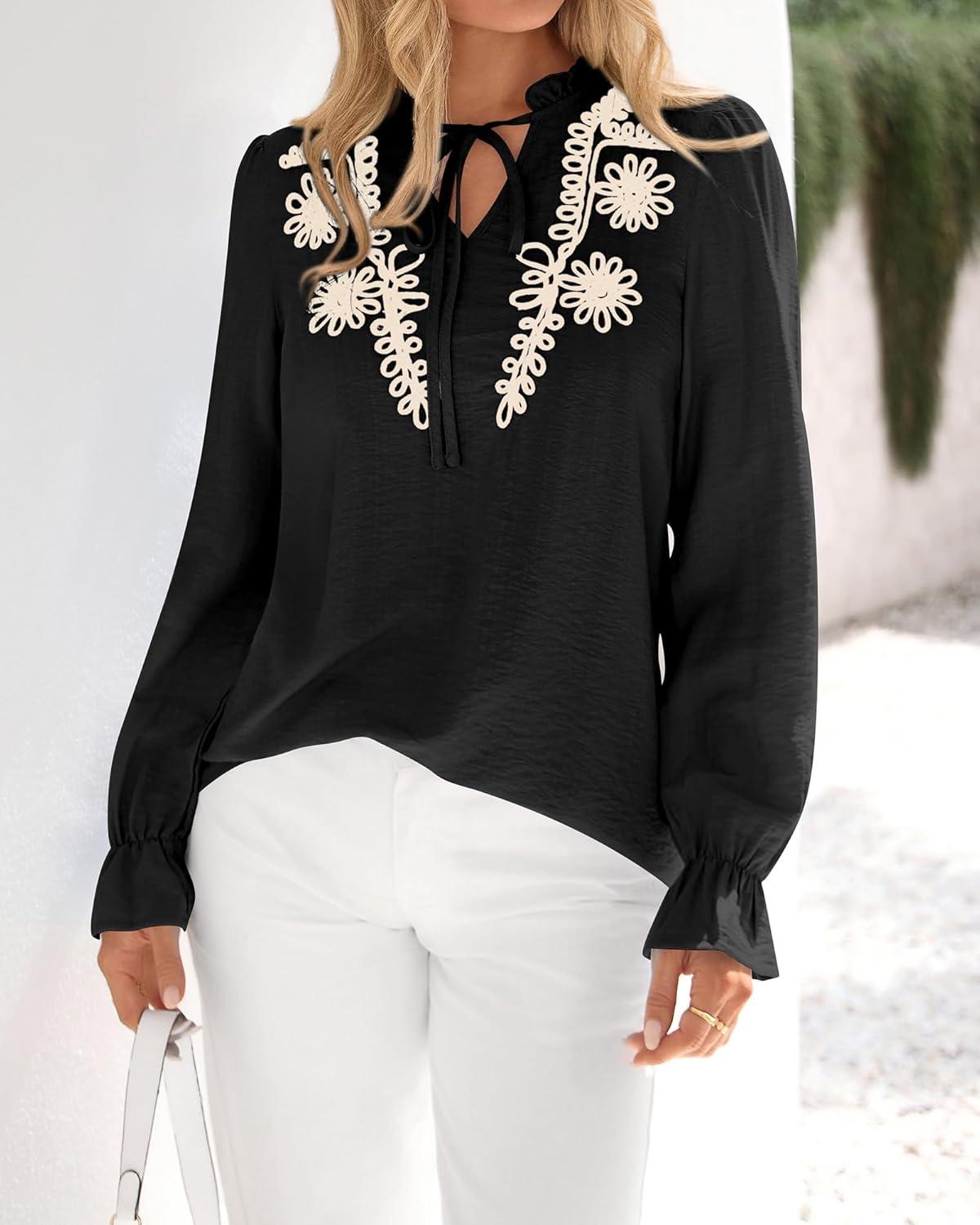 imageBTFBM Womens Tops Dressy Casual Fall 2025 Boho V Neck Ruffle Long Sleeve Shirts Floral Embroidered Work Business BlousesBlack