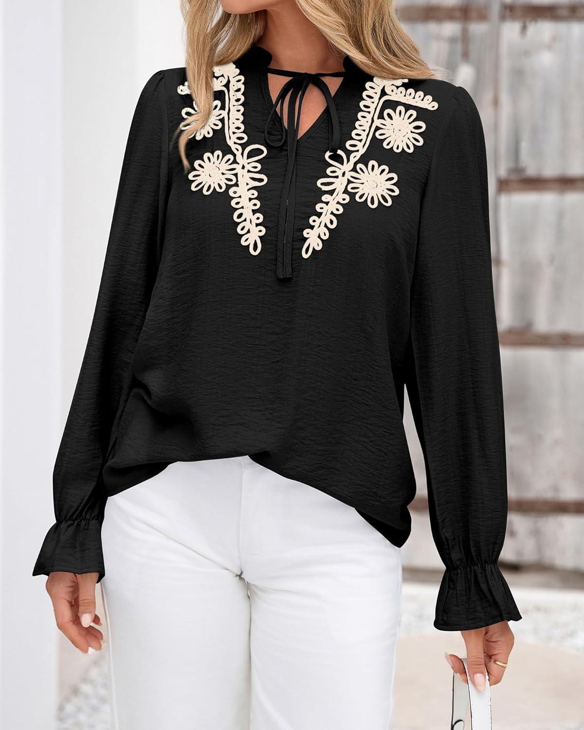 imageBTFBM Womens Tops Dressy Casual Fall 2025 Boho V Neck Ruffle Long Sleeve Shirts Floral Embroidered Work Business BlousesBlack
