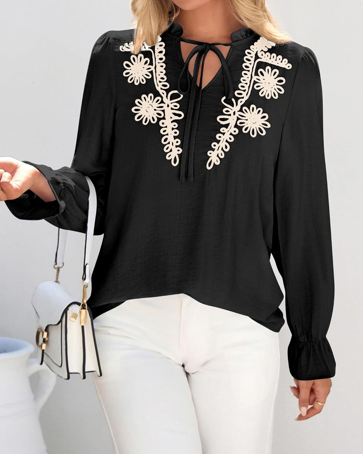 imageBTFBM Womens Tops Dressy Casual Fall 2025 Boho V Neck Ruffle Long Sleeve Shirts Floral Embroidered Work Business BlousesBlack