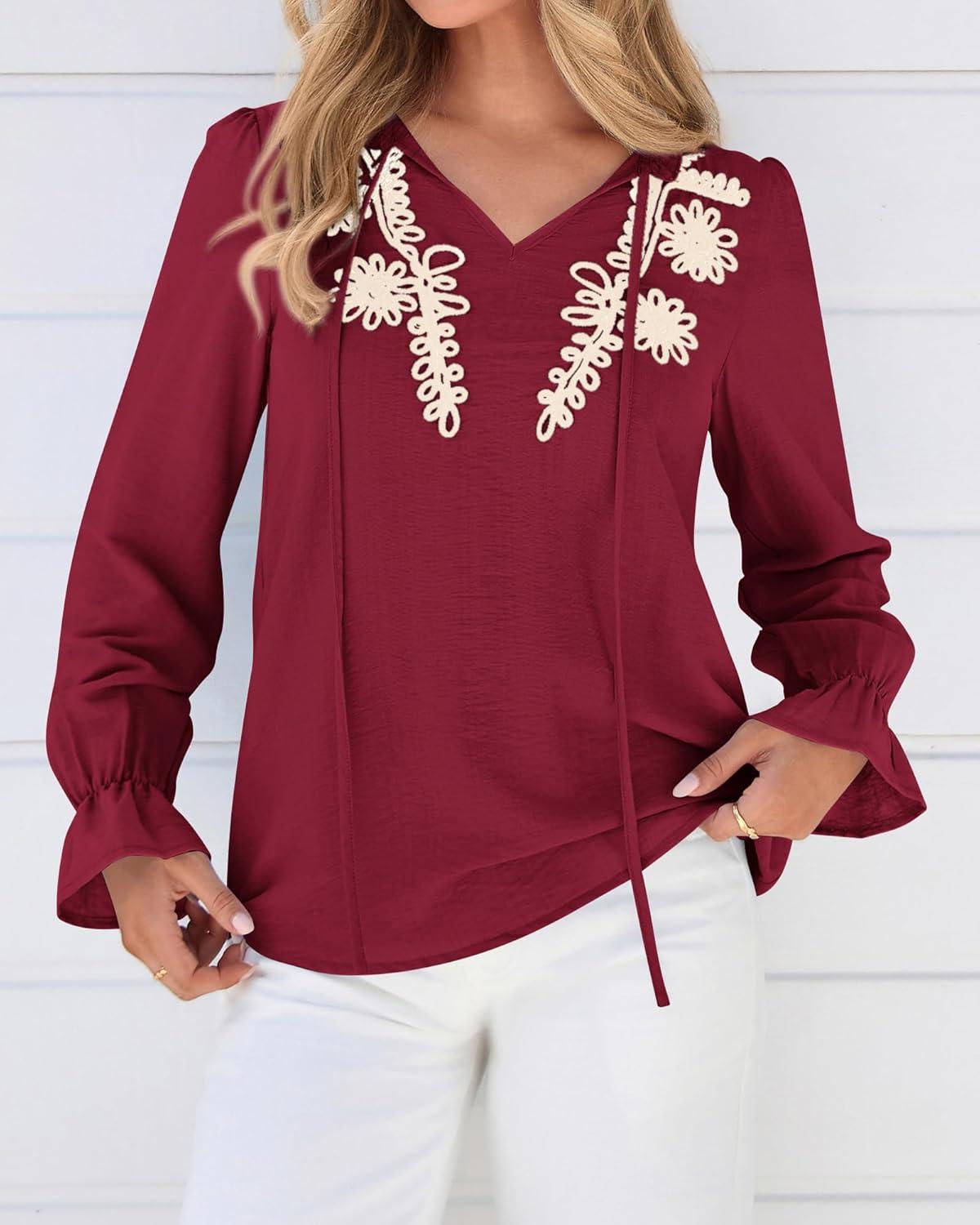 imageBTFBM Womens Tops Dressy Casual Fall 2025 Boho V Neck Ruffle Long Sleeve Shirts Floral Embroidered Work Business BlousesBurgundy