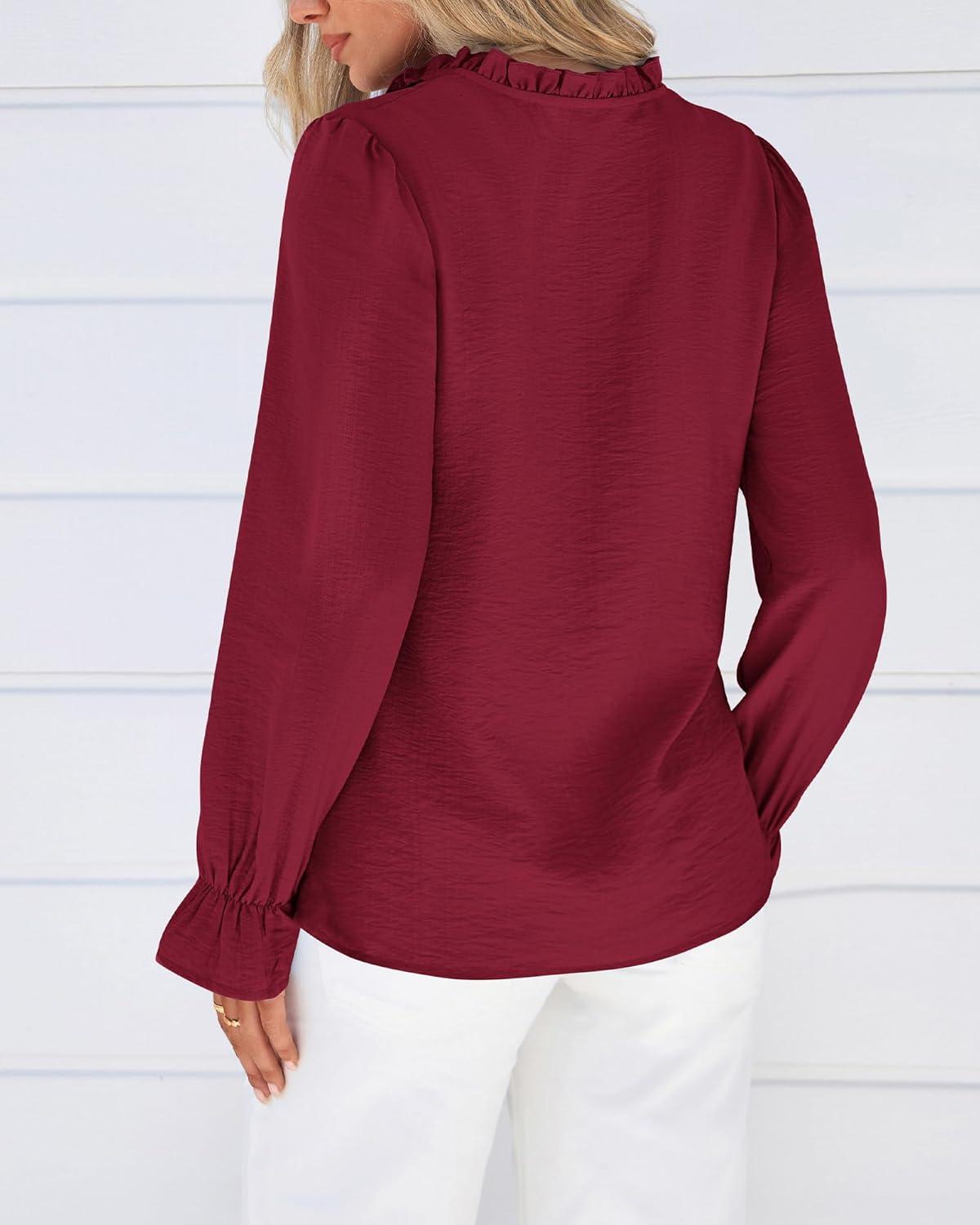 imageBTFBM Womens Tops Dressy Casual Fall 2025 Boho V Neck Ruffle Long Sleeve Shirts Floral Embroidered Work Business BlousesBurgundy