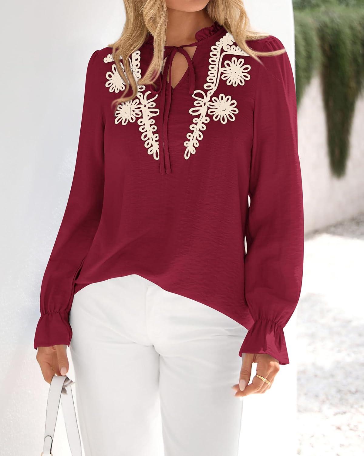 imageBTFBM Womens Tops Dressy Casual Fall 2025 Boho V Neck Ruffle Long Sleeve Shirts Floral Embroidered Work Business BlousesBurgundy