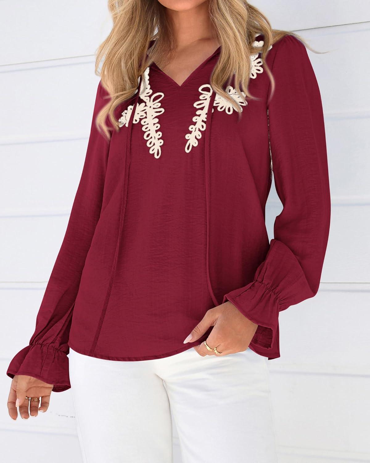 imageBTFBM Womens Tops Dressy Casual Fall 2025 Boho V Neck Ruffle Long Sleeve Shirts Floral Embroidered Work Business BlousesBurgundy