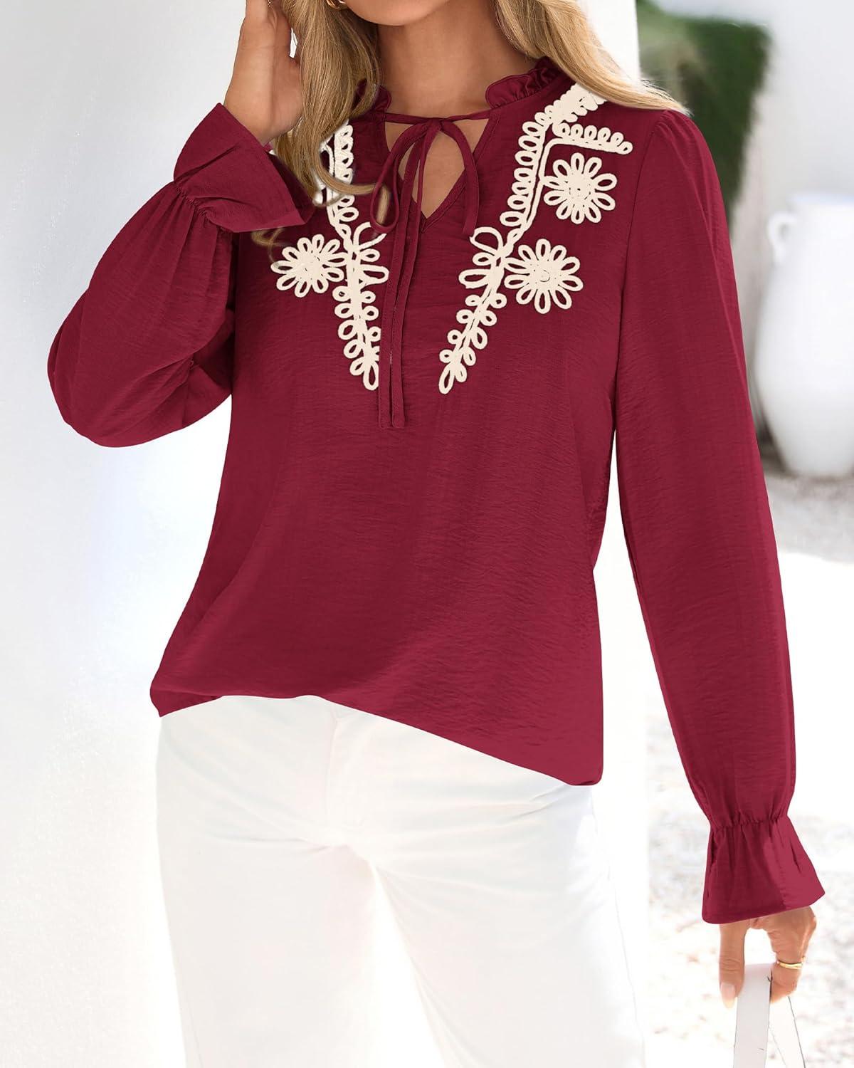 imageBTFBM Womens Tops Dressy Casual Fall 2025 Boho V Neck Ruffle Long Sleeve Shirts Floral Embroidered Work Business BlousesBurgundy