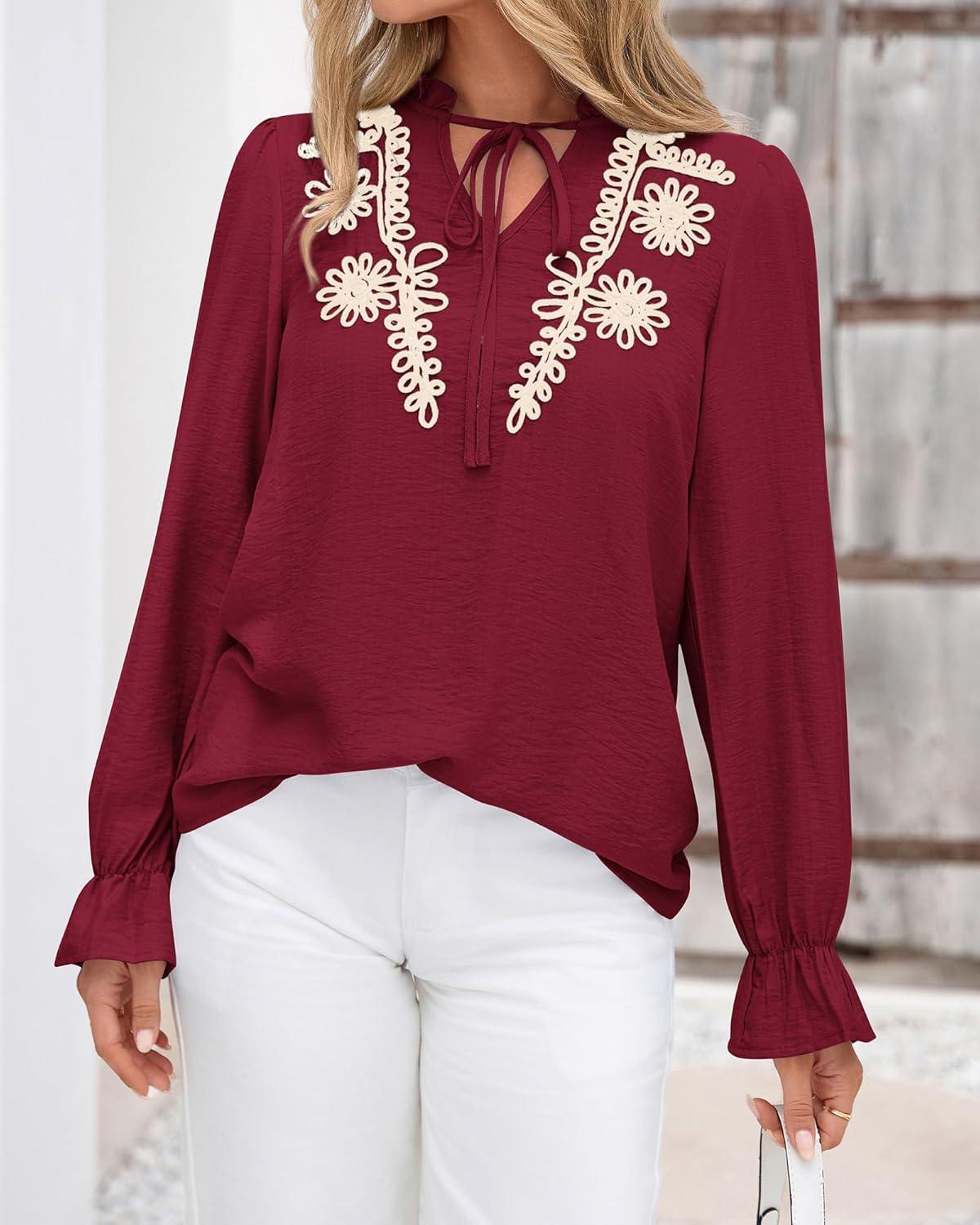 imageBTFBM Womens Tops Dressy Casual Fall 2025 Boho V Neck Ruffle Long Sleeve Shirts Floral Embroidered Work Business BlousesBurgundy