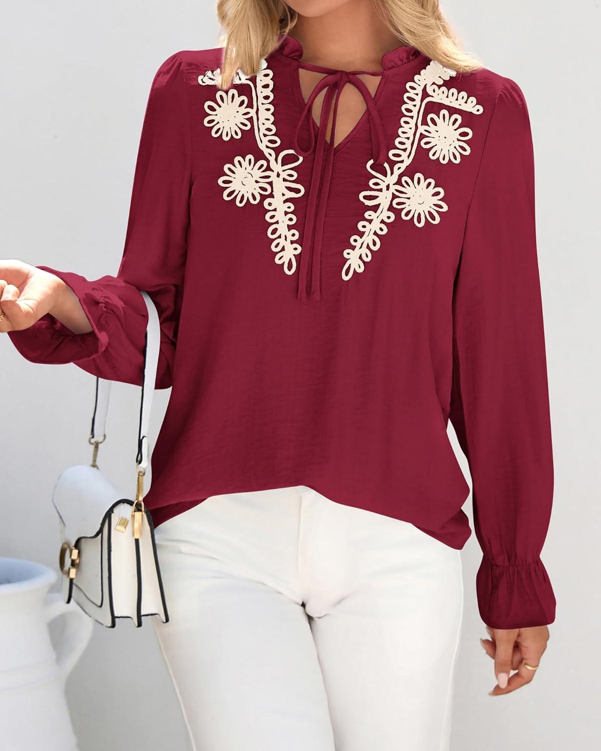 imageBTFBM Womens Tops Dressy Casual Fall 2025 Boho V Neck Ruffle Long Sleeve Shirts Floral Embroidered Work Business BlousesBurgundy