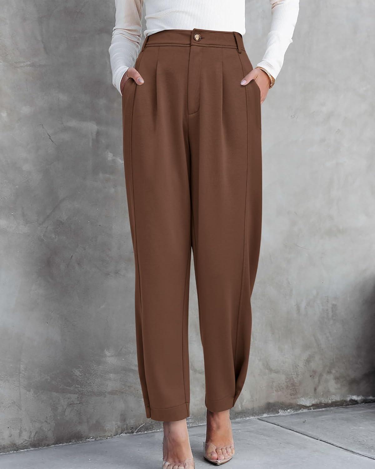 imageBTFBM Work Pants Women Business Casual Outfits Fall 2025 Elastic High Waist Dress Trousers Pockets Long Tapered SlacksBrown