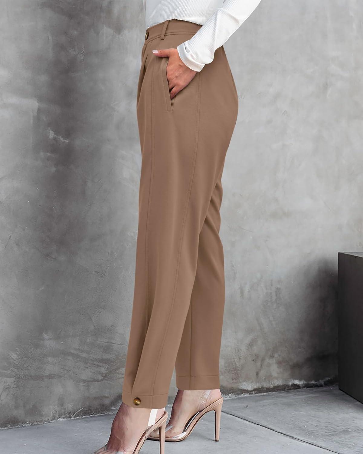 imageBTFBM Work Pants Women Business Casual Outfits Fall 2025 Elastic High Waist Dress Trousers Pockets Long Tapered SlacksKhaki