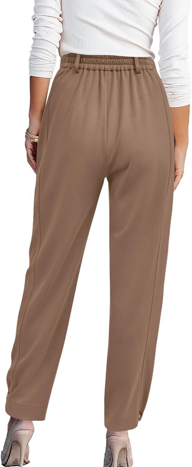 imageBTFBM Work Pants Women Business Casual Outfits Fall 2025 Elastic High Waist Dress Trousers Pockets Long Tapered SlacksKhaki
