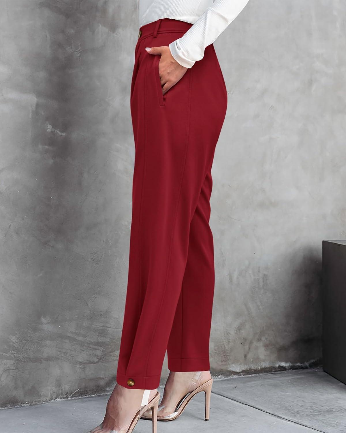imageBTFBM Work Pants Women Business Casual Outfits Fall 2025 Elastic High Waist Dress Trousers Pockets Long Tapered SlacksWine Red