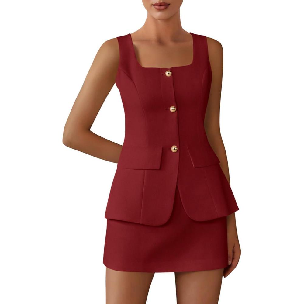 imageBTFBM 2 Piece Sets For Women Summer 2026 Spring Sleeveless Button Up Blazer Vest Tops Skirt Sets Business Casual OutfitsBurgundy