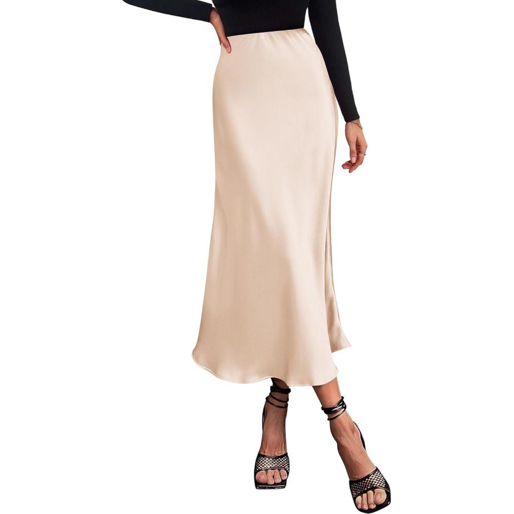 imageBTFBM 2026 Womens Spring Summer Long Satin Skirt Silk Elegant High Waist Cocktail Party Wedding Flowy ALine Midi SkirtsBeige