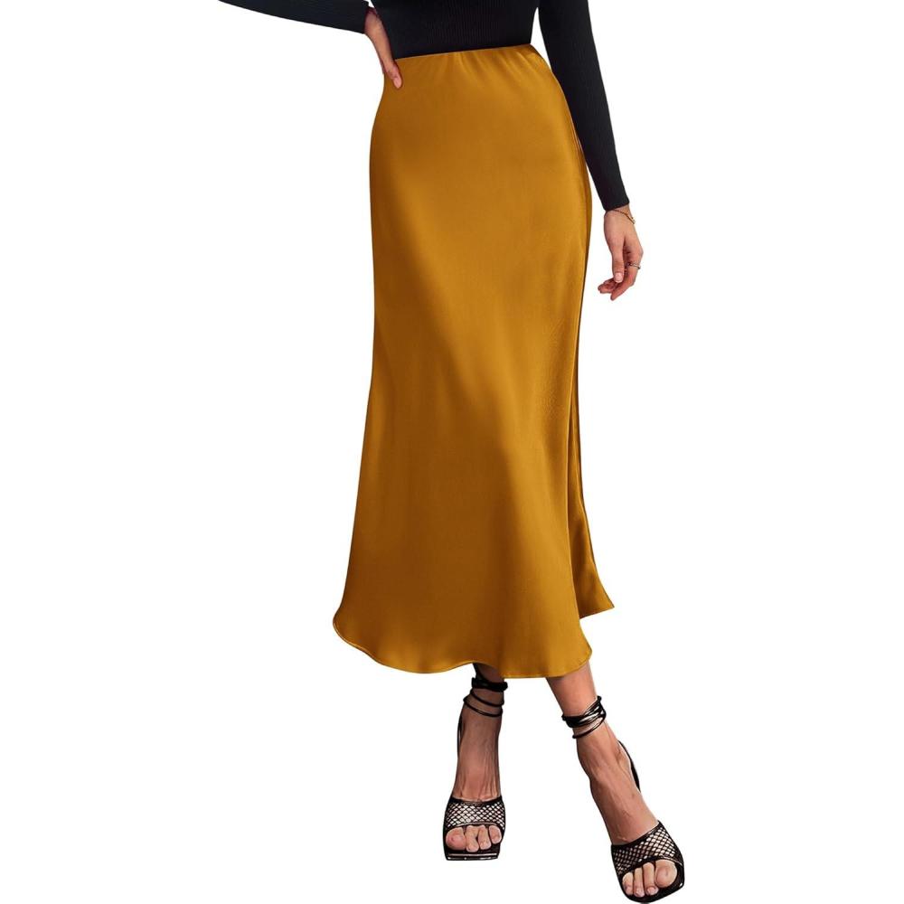 imageBTFBM 2026 Womens Spring Summer Long Satin Skirt Silk Elegant High Waist Cocktail Party Wedding Flowy ALine Midi SkirtsBrown Yellow