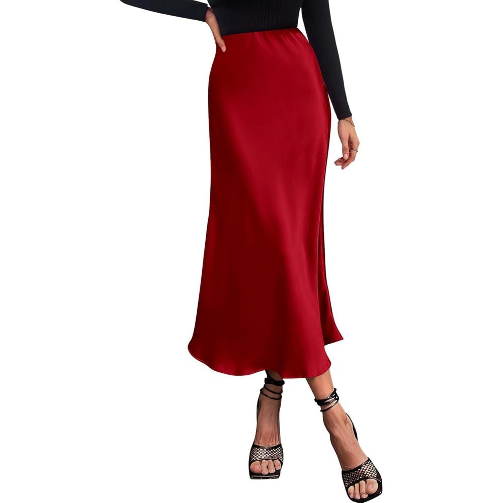imageBTFBM 2026 Womens Spring Summer Long Satin Skirt Silk Elegant High Waist Cocktail Party Wedding Flowy ALine Midi SkirtsDark Red