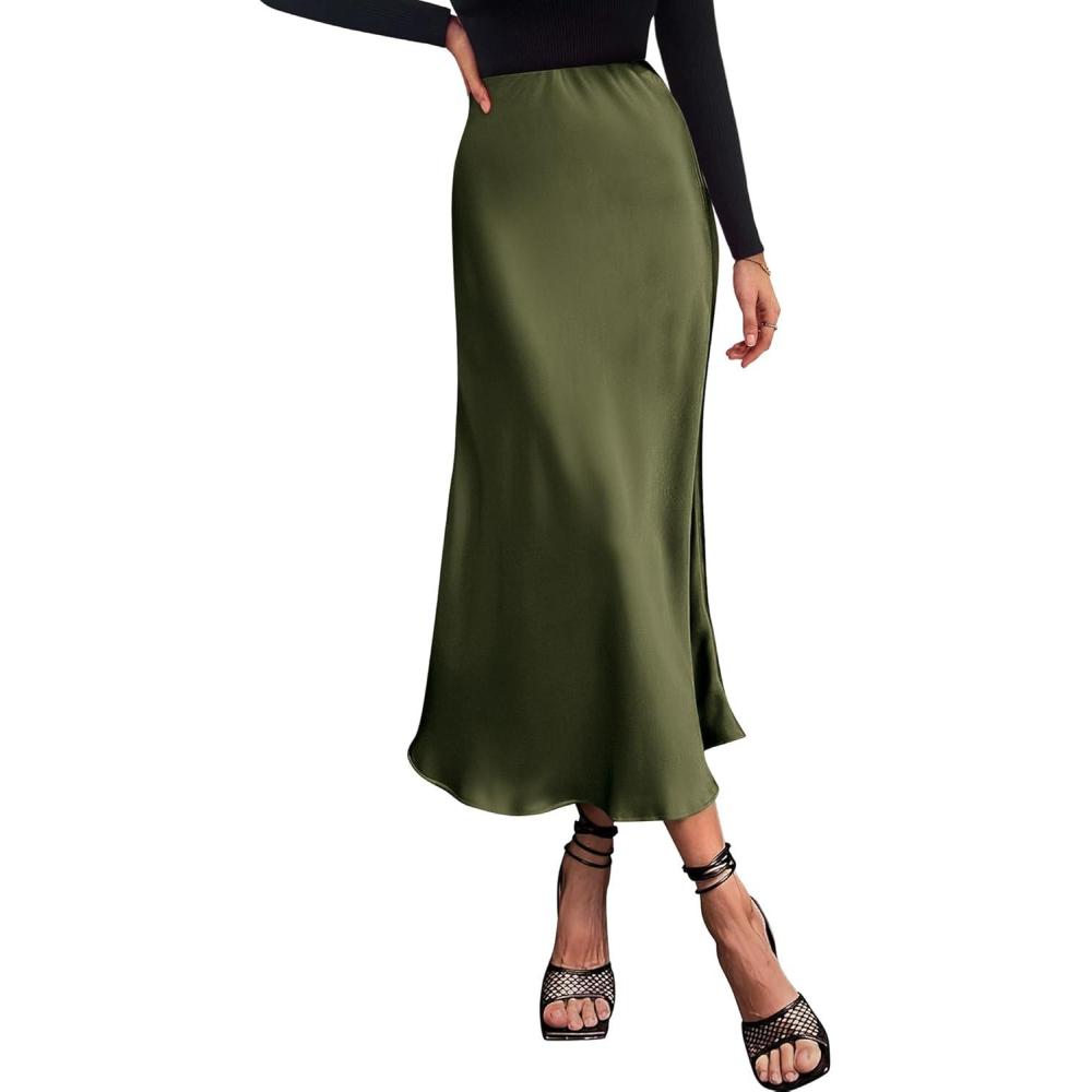 imageBTFBM 2026 Womens Spring Summer Long Satin Skirt Silk Elegant High Waist Cocktail Party Wedding Flowy ALine Midi SkirtsLight Army Green