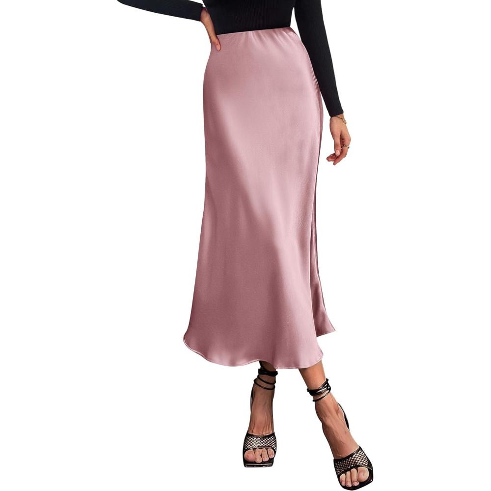 imageBTFBM 2026 Womens Spring Summer Long Satin Skirt Silk Elegant High Waist Cocktail Party Wedding Flowy ALine Midi SkirtsPink
