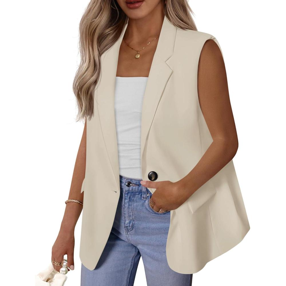 imageBTFBM Blazers For Women Open Front Button Loose Vest Tops For Women Work Business Casual Outfits Summer Fashion 2026Beige