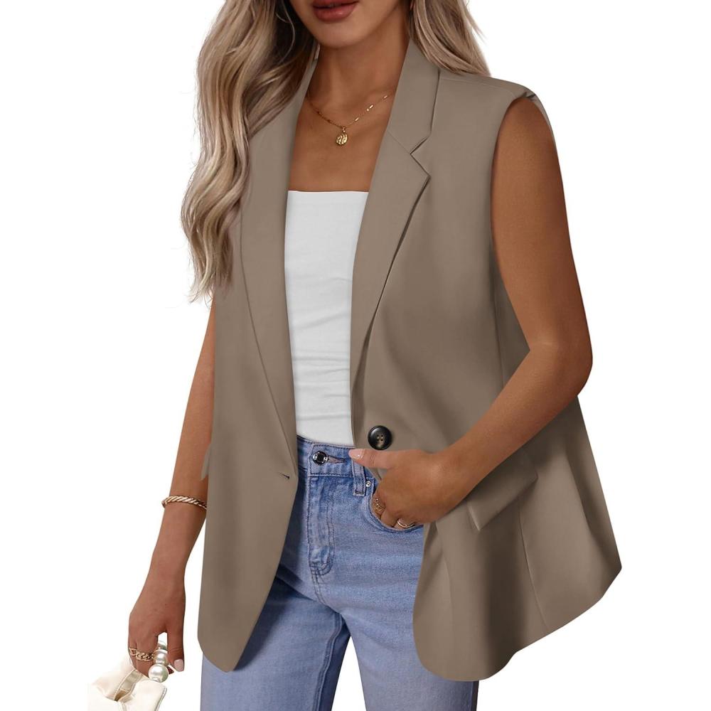 imageBTFBM Blazers For Women Open Front Button Loose Vest Tops For Women Work Business Casual Outfits Summer Fashion 2026Khaki