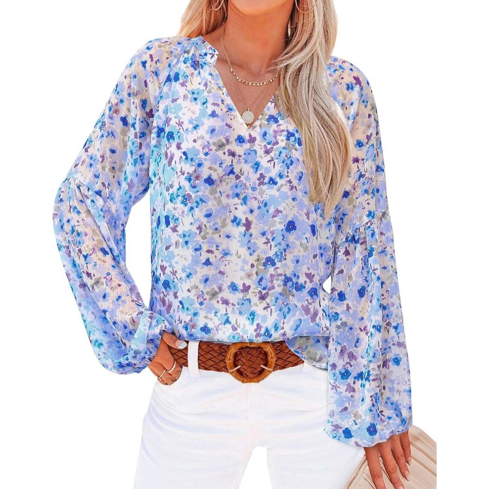 imageBTFBM Blouses for Women Dressy Casual Floral Summer Boho Tops V Neck Lightweight Long Sleeve Shirts Spring Clothes 2026Floral Dark Blue