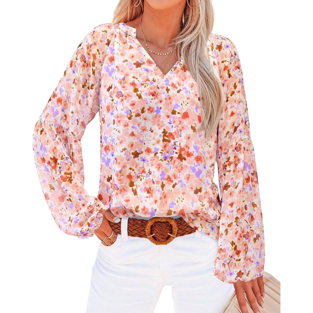 imageBTFBM Blouses for Women Dressy Casual Floral Summer Boho Tops V Neck Lightweight Long Sleeve Shirts Spring Clothes 2026Floral Orange