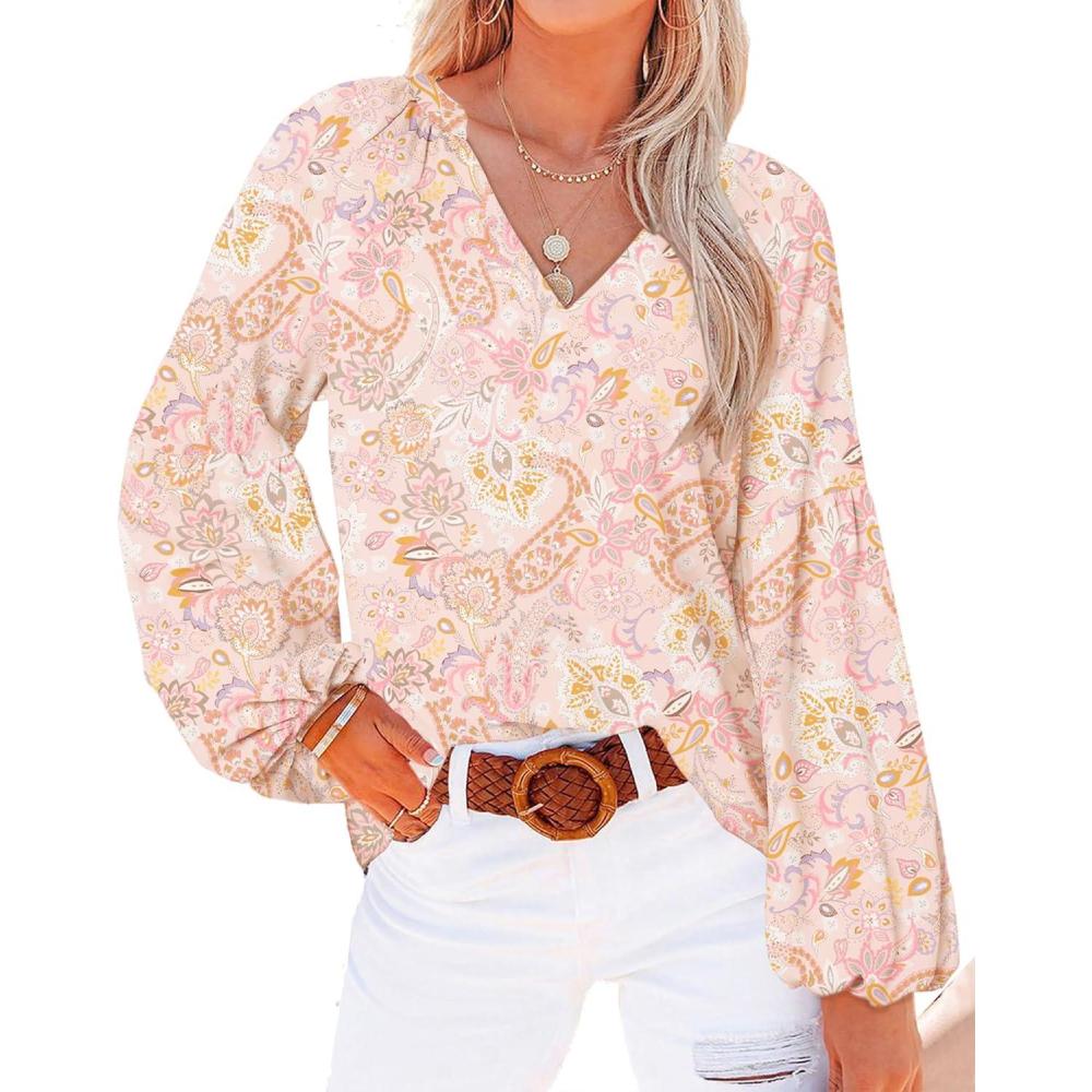 imageBTFBM Blouses for Women Dressy Casual Floral Summer Boho Tops V Neck Lightweight Long Sleeve Shirts Spring Clothes 2026Floral Print Apricot