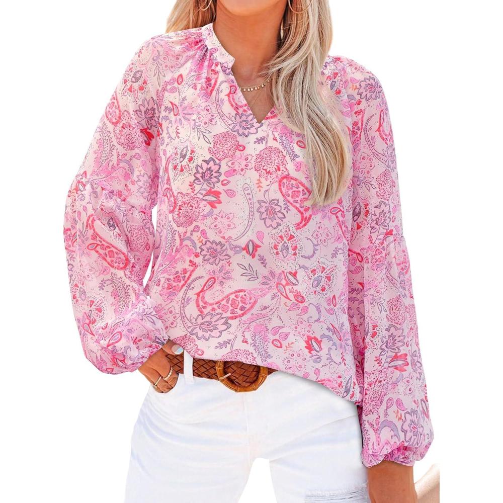 imageBTFBM Blouses for Women Dressy Casual Floral Summer Boho Tops V Neck Lightweight Long Sleeve Shirts Spring Clothes 2026Floral Print Pink
