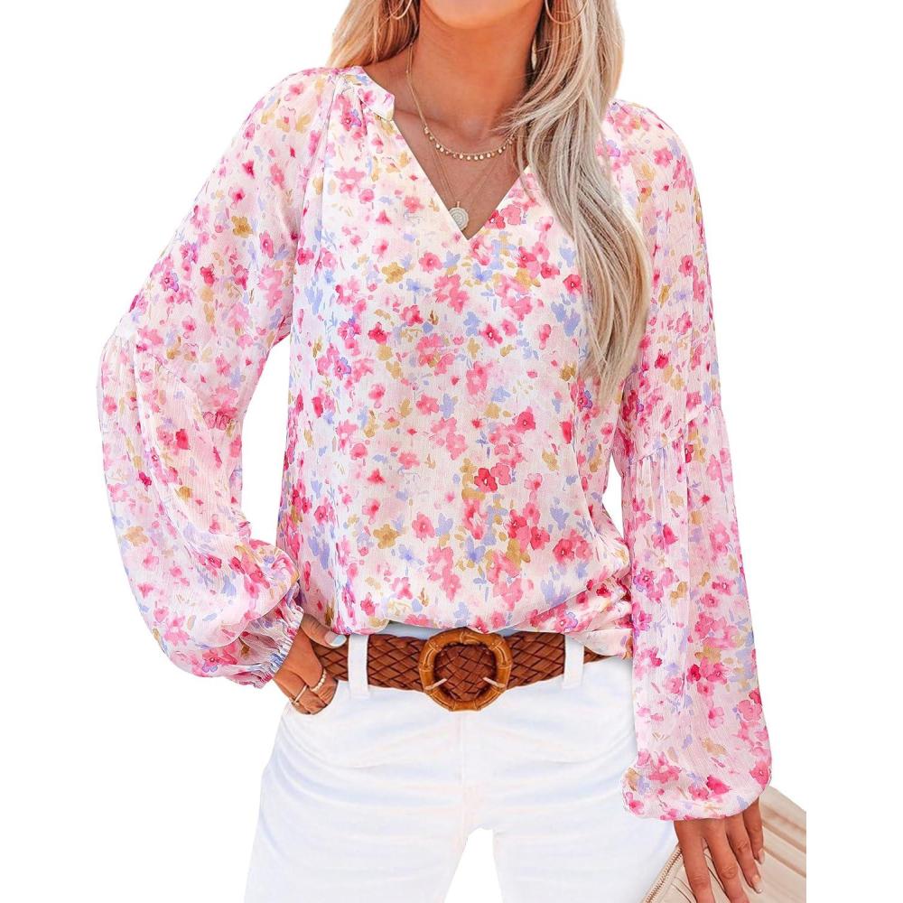 imageBTFBM Blouses for Women Dressy Casual Floral Summer Boho Tops V Neck Lightweight Long Sleeve Shirts Spring Clothes 2026Floral Red
