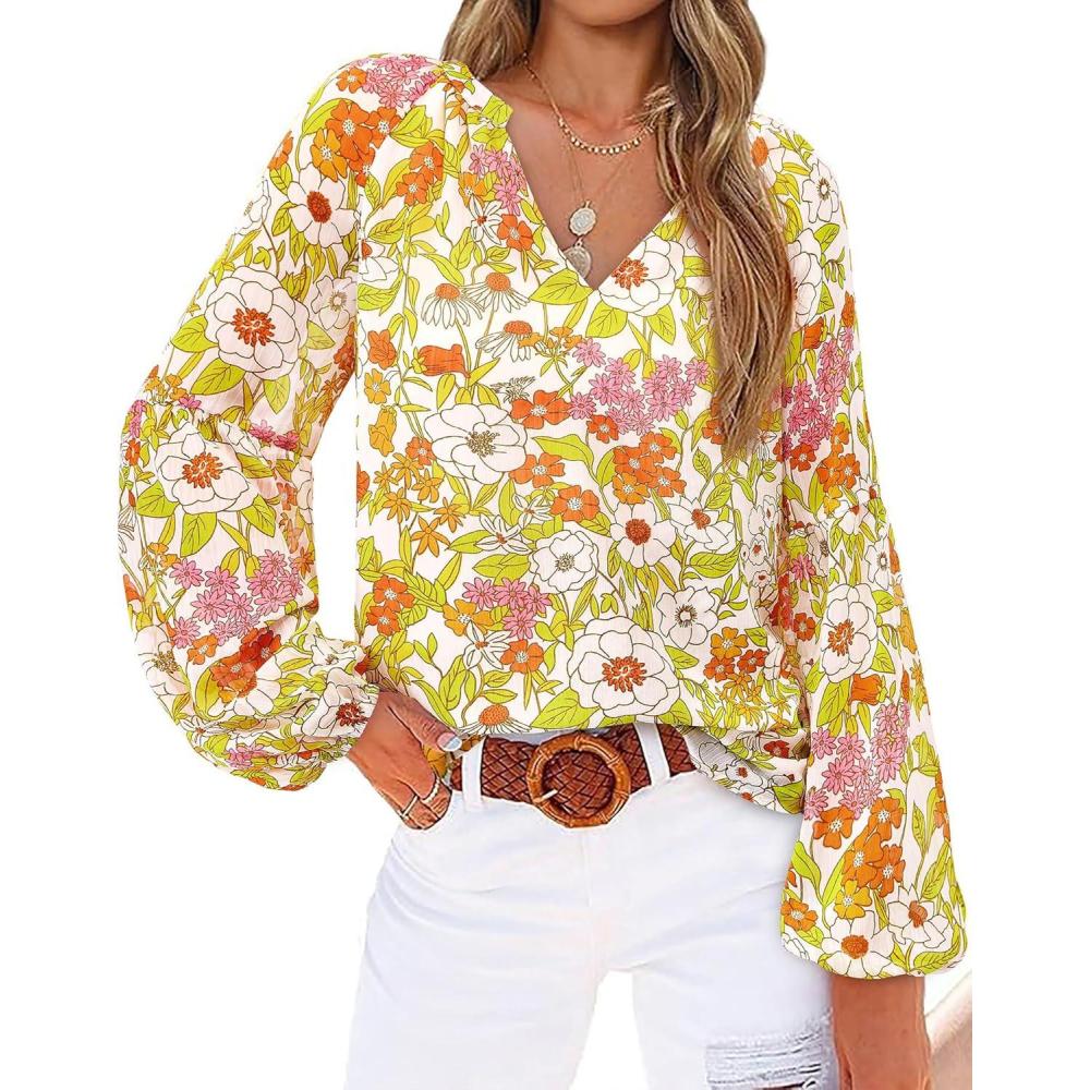 imageBTFBM Blouses for Women Dressy Casual Floral Summer Boho Tops V Neck Lightweight Long Sleeve Shirts Spring Clothes 2026Floral Yellow