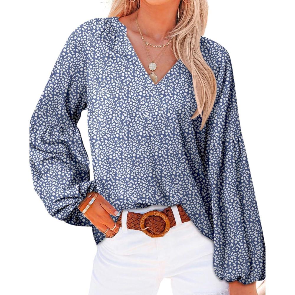 imageBTFBM Blouses for Women Dressy Casual Floral Summer Boho Tops V Neck Lightweight Long Sleeve Shirts Spring Clothes 2026Leopard Dark Blue