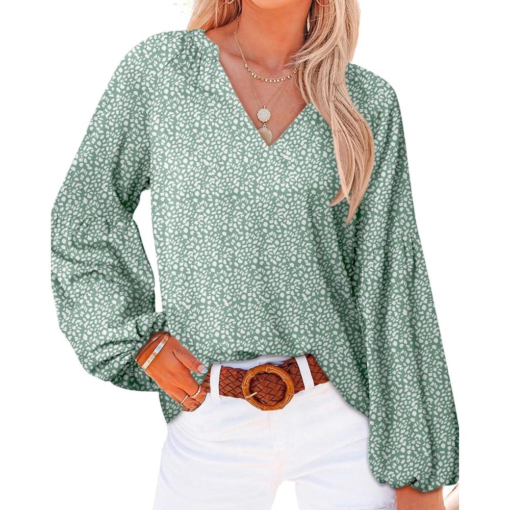 imageBTFBM Blouses for Women Dressy Casual Floral Summer Boho Tops V Neck Lightweight Long Sleeve Shirts Spring Clothes 2026Leopard Green