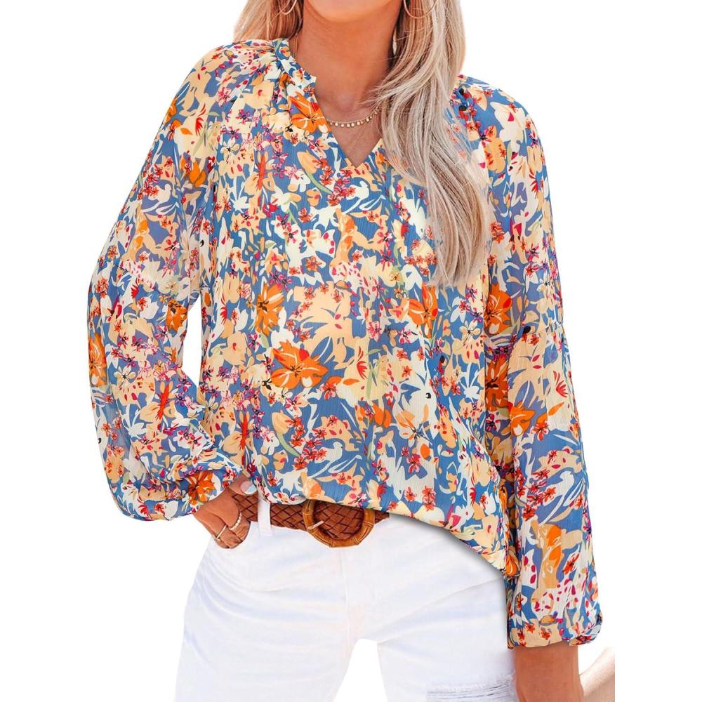 imageBTFBM Blouses for Women Dressy Casual Floral Summer Boho Tops V Neck Lightweight Long Sleeve Shirts Spring Clothes 2026Multicolor Dark Blue