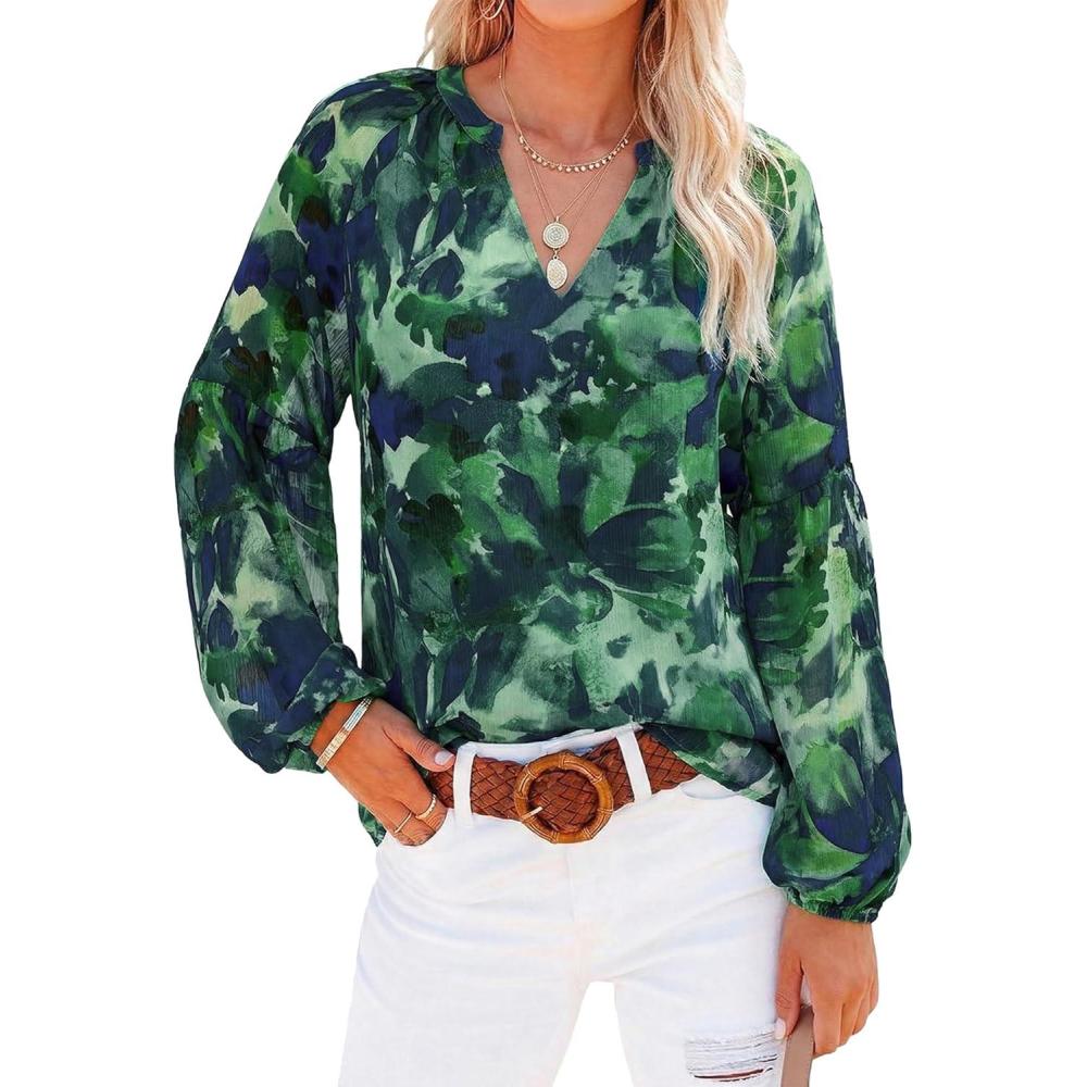 imageBTFBM Blouses for Women Dressy Casual Floral Summer Boho Tops V Neck Lightweight Long Sleeve Shirts Spring Clothes 2026Print Green