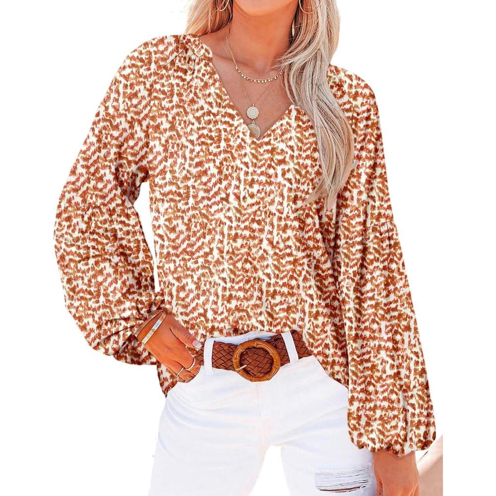 imageBTFBM Blouses for Women Dressy Casual Floral Summer Boho Tops V Neck Lightweight Long Sleeve Shirts Spring Clothes 2026Print Orange