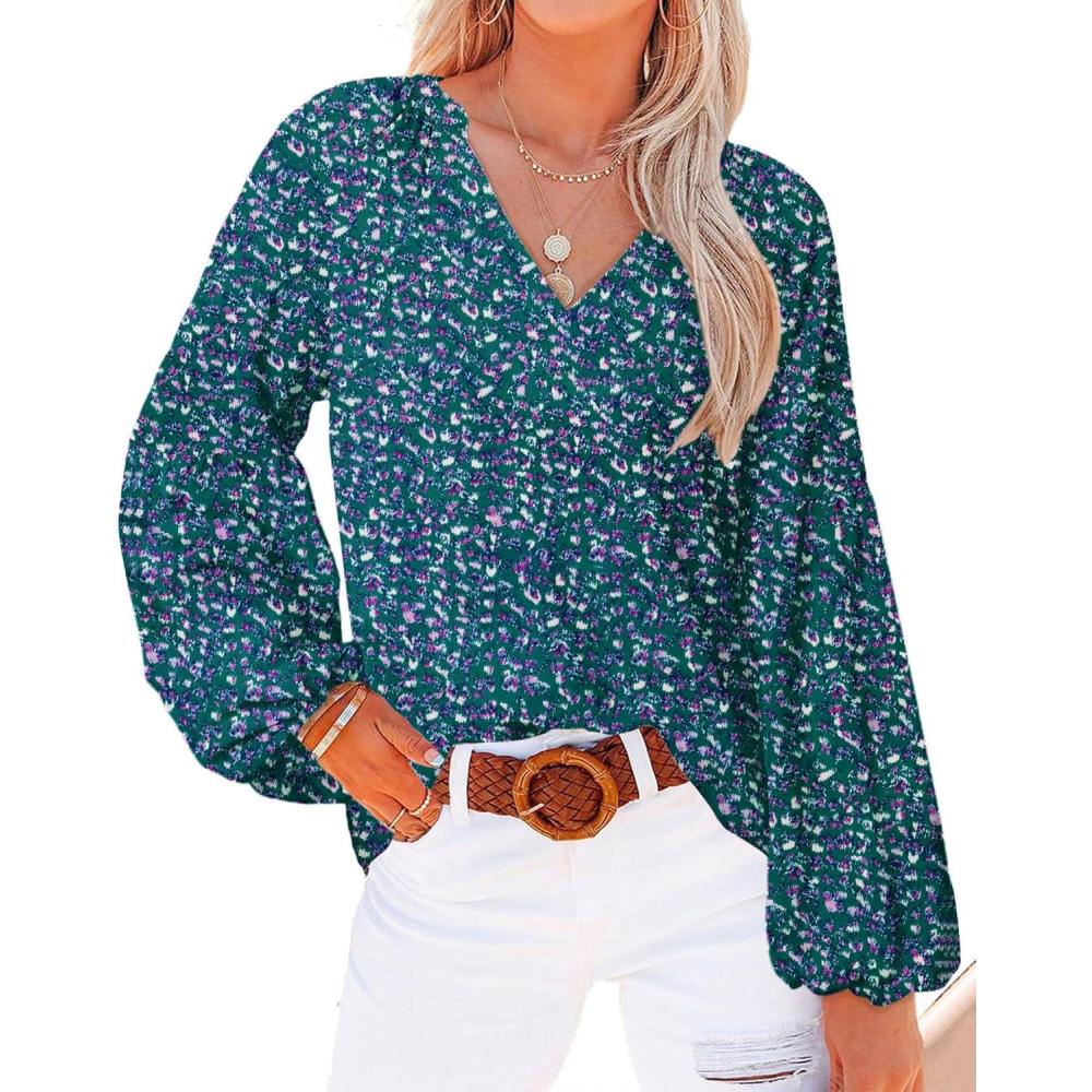 imageBTFBM Blouses for Women Dressy Casual Floral Summer Boho Tops V Neck Lightweight Long Sleeve Shirts Spring Clothes 2026Print Purple Green