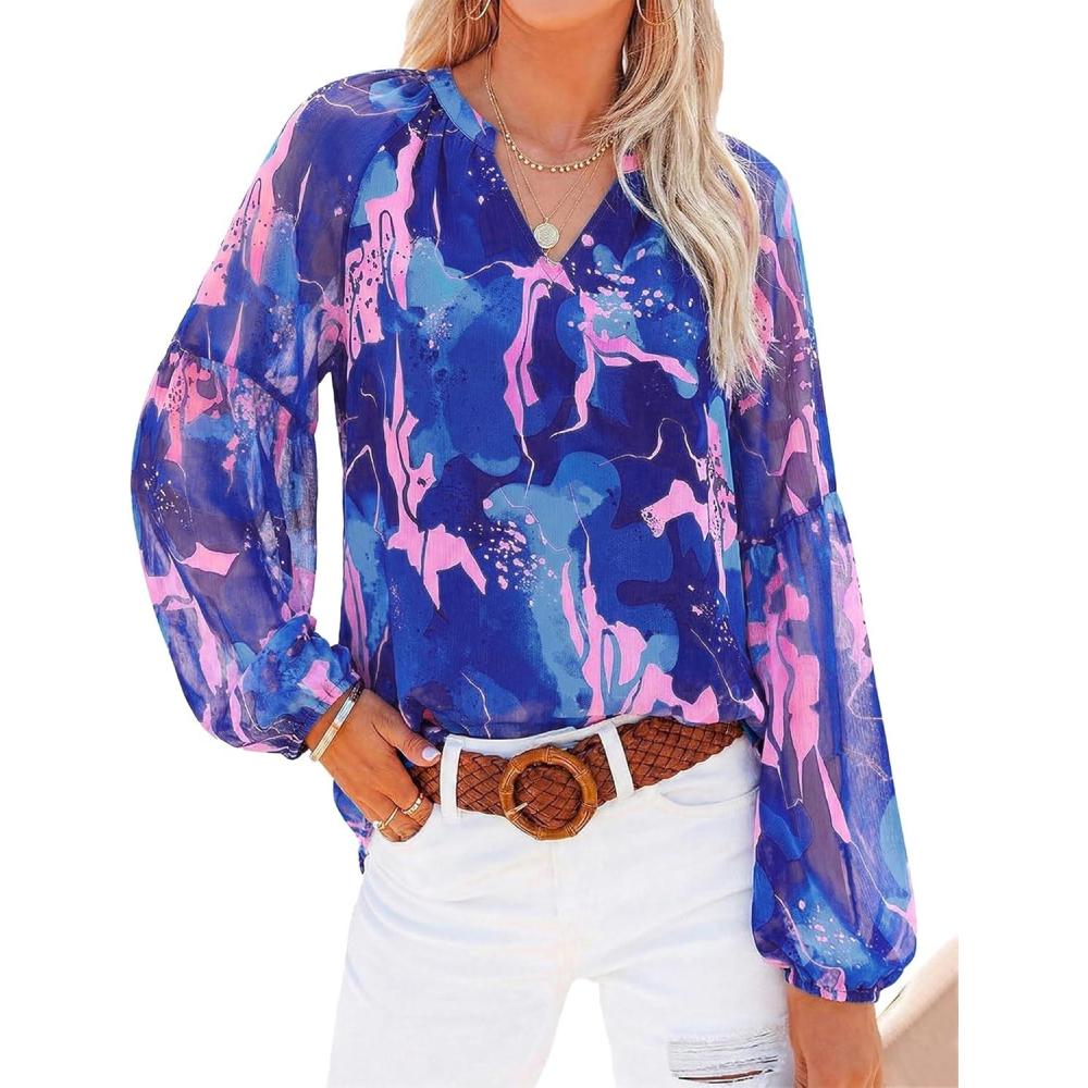 imageBTFBM Blouses for Women Dressy Casual Floral Summer Boho Tops V Neck Lightweight Long Sleeve Shirts Spring Clothes 2026Print Royal Blue