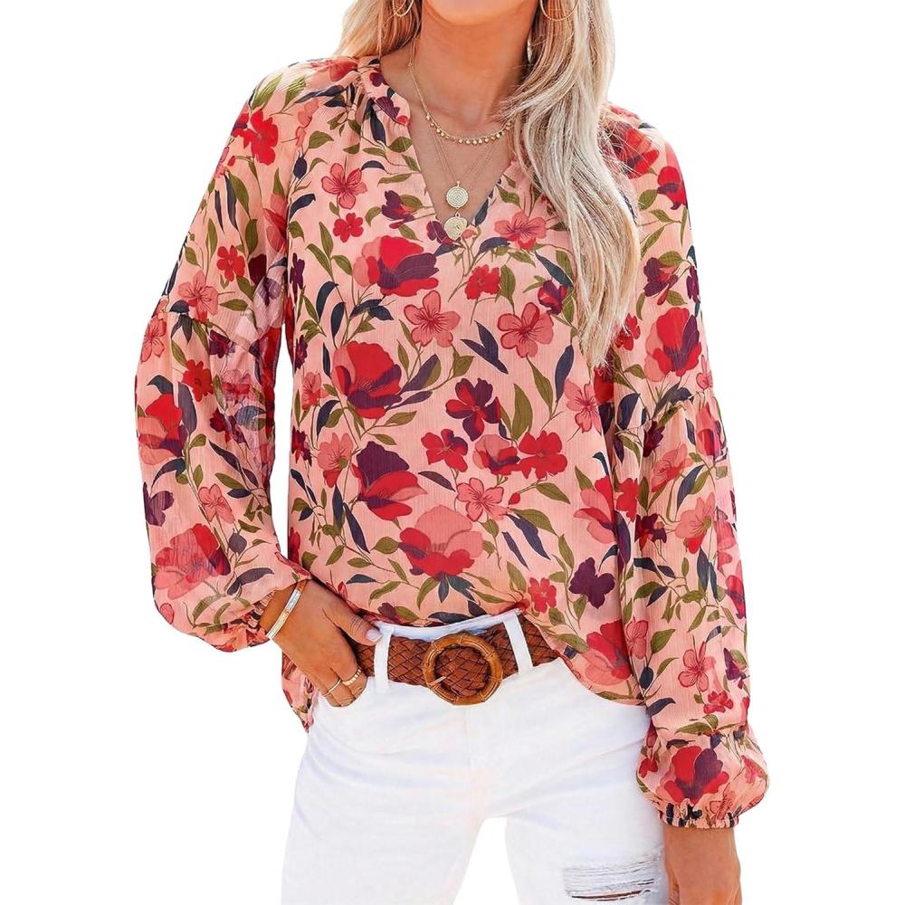 imageBTFBM Blouses for Women Dressy Casual Floral Summer Boho Tops V Neck Lightweight Long Sleeve Shirts Spring Clothes 2026Red Flower Orange