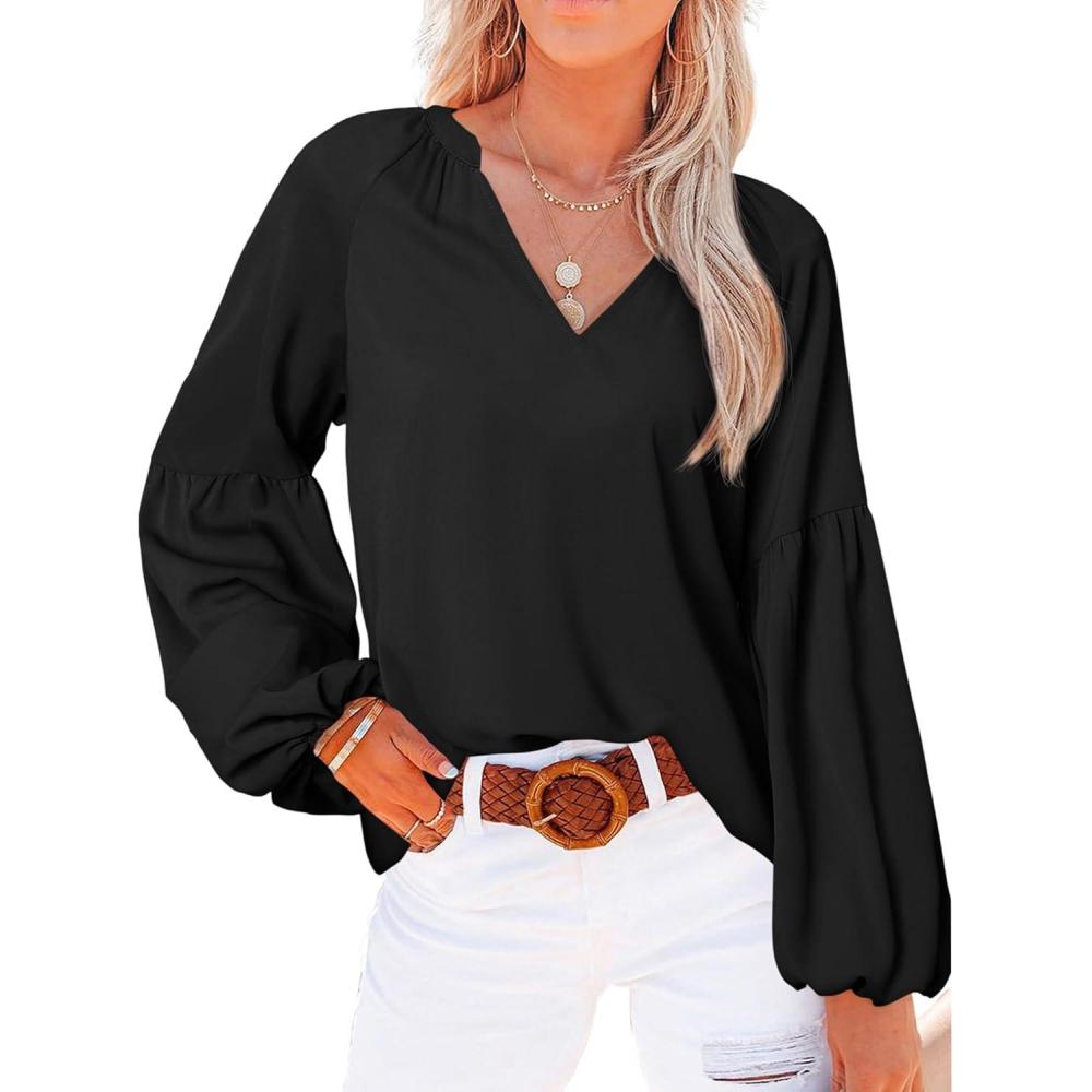 imageBTFBM Blouses for Women Dressy Casual Floral Summer Boho Tops V Neck Lightweight Long Sleeve Shirts Spring Clothes 2026Solid Black