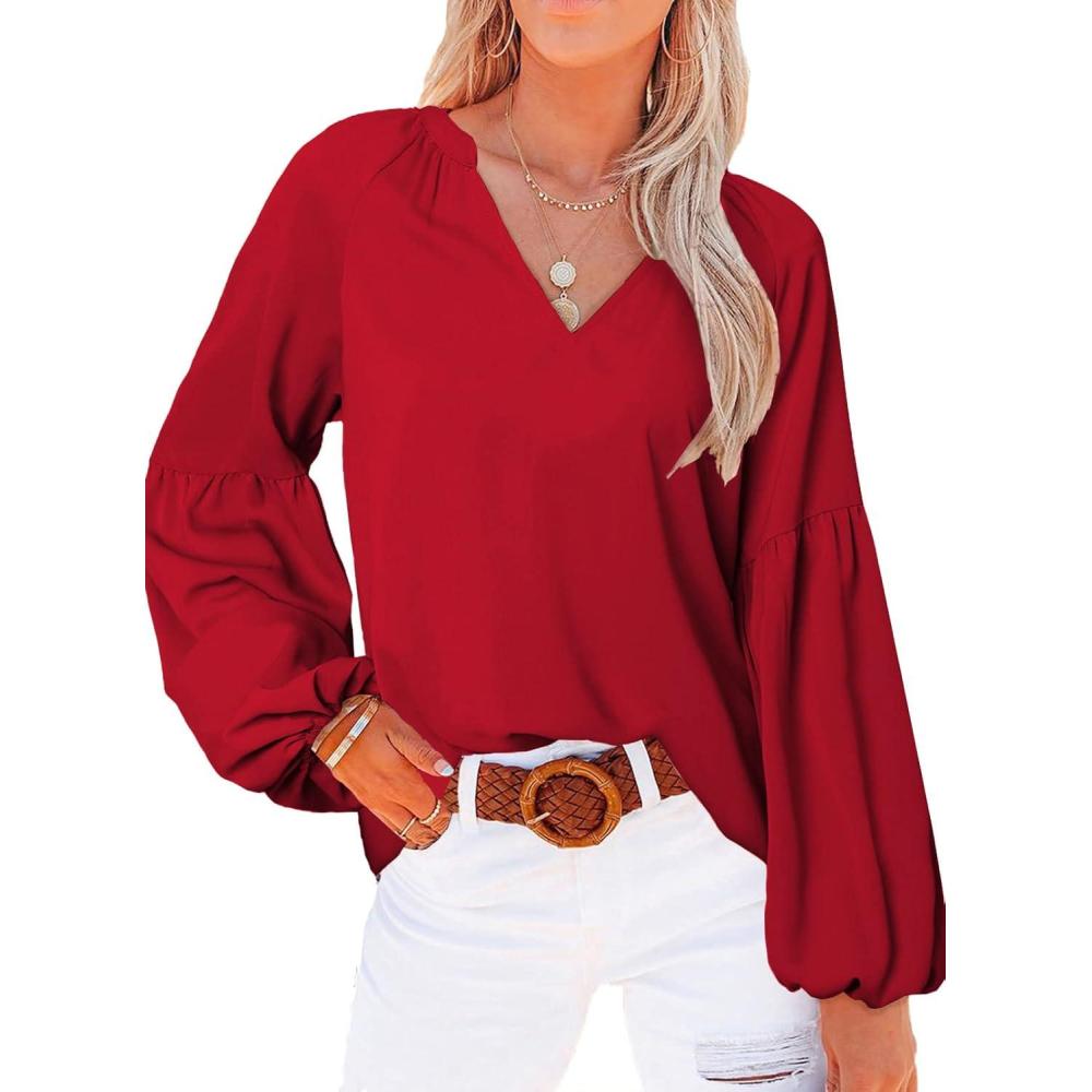 imageBTFBM Blouses for Women Dressy Casual Floral Summer Boho Tops V Neck Lightweight Long Sleeve Shirts Spring Clothes 2026Solid Red
