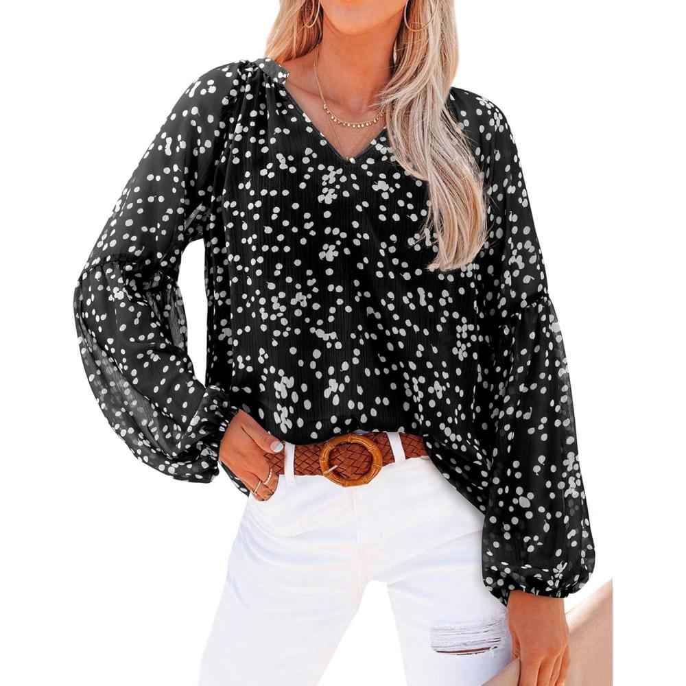 imageBTFBM Blouses for Women Dressy Casual Floral Summer Boho Tops V Neck Lightweight Long Sleeve Shirts Spring Clothes 2026White Flower Black