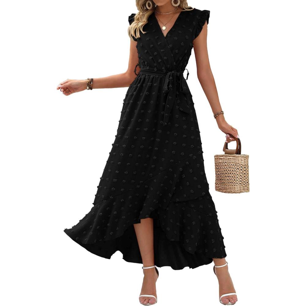 imageBTFBM Boho Dresses for Women 2026 Spring Fashion Cap Sleeve Swiss Dot Flowy Ruffle Beach Wedding Cocktail Maxi DressBlack