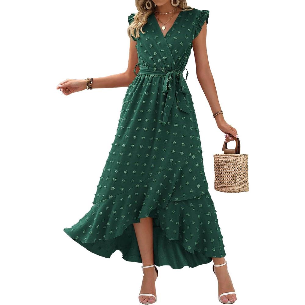 imageBTFBM Boho Dresses for Women 2026 Spring Fashion Cap Sleeve Swiss Dot Flowy Ruffle Beach Wedding Cocktail Maxi DressDark Green