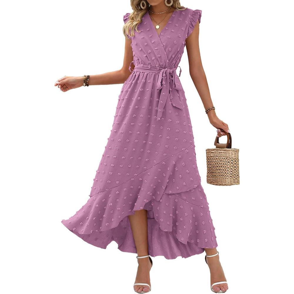imageBTFBM Boho Dresses for Women 2026 Spring Fashion Cap Sleeve Swiss Dot Flowy Ruffle Beach Wedding Cocktail Maxi DressPurple