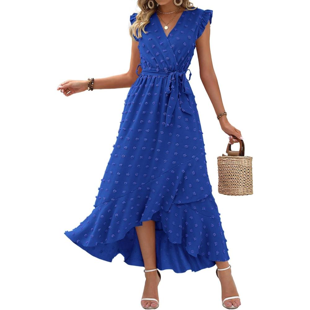 imageBTFBM Boho Dresses for Women 2026 Spring Fashion Cap Sleeve Swiss Dot Flowy Ruffle Beach Wedding Cocktail Maxi DressRoyal Blue