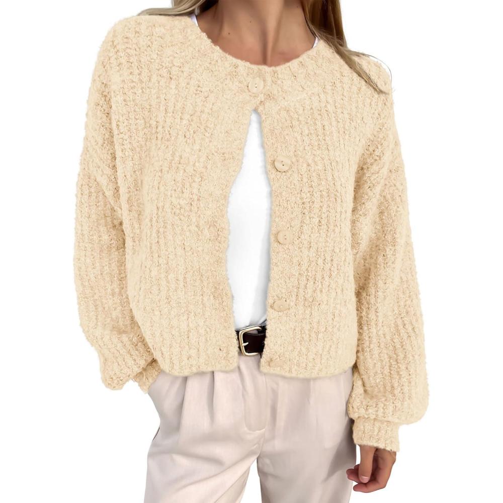 imageBTFBM Cardigan Sweaters for Women Fall 2026 Long Sleeve Button Down Soft Loose Chunky Knit Outwear Cropped Winter CoatsBeige