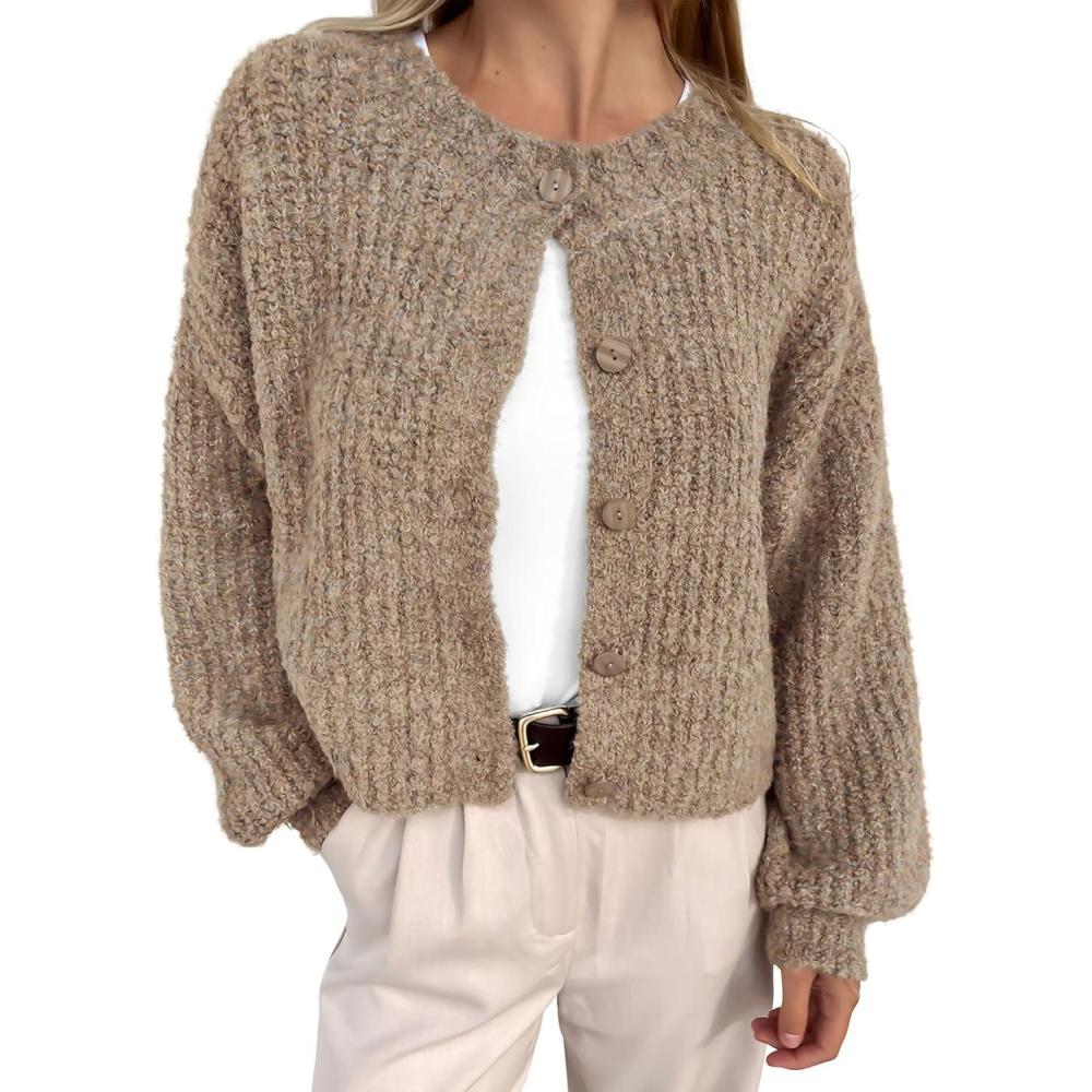 imageBTFBM Cardigan Sweaters for Women Fall 2026 Long Sleeve Button Down Soft Loose Chunky Knit Outwear Cropped Winter CoatsKhaki